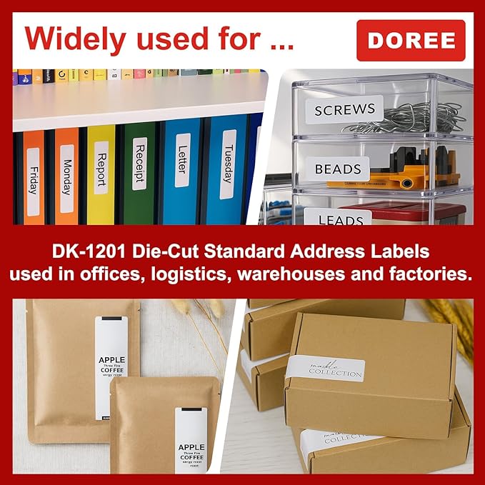 DOREE 10 Rolls DK1201 Die-Cut Standard Address Labels 1.14"x3.5" Black on White, Replacement for Brother DK-1201 29x90mm, Compatible with Brother QL-700/800/810W/820NWB/1100/1110NWB, 400 Labels/Roll