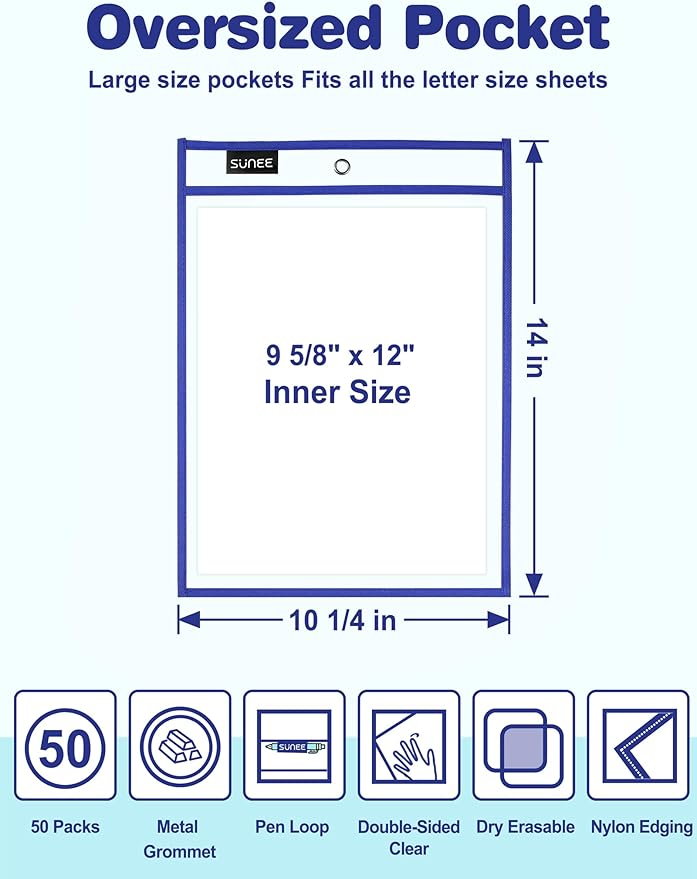 SUNEE 50 Packs Oversized Reusable Dry Erase Pocket Sleeves with 3 Rings, 10 Assorted Colors 10x14 Ticket Holders, Clear Plastic Sheet Protectors, Teacher School Classroom Supplies
