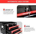 3 Drawers Metal Tool Box, 19" Heavy Duty Steel Tool Chest w/Key Lock & Handle, Multi-Function Top Storage Tray Toolbox w/Powder Coating & Ball Bearing Slides for Garage & Workshop(Black+Red)