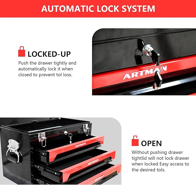 3 Drawers Metal Tool Box, 19" Heavy Duty Steel Tool Chest w/Key Lock & Handle, Multi-Function Top Storage Tray Toolbox w/Powder Coating & Ball Bearing Slides for Garage & Workshop(Black+Red)