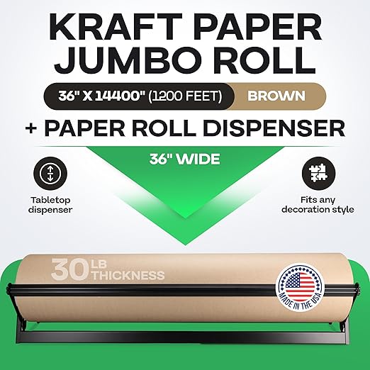 Brown Kraft Paper Jumbo Roll 36" x 14400" (1200 ft) with Dispenser – USA-Made Natural Kraft Paper 30lb Thickness for Packing, Wrapping, Void Filling, Kids' Arts, DIY & School Projects by IDL Packaging