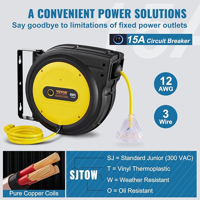 VEVOR 80FT Retractable Extension Cord Reel, 12AWG/3C SJTOW Heavy Duty Power Cord w/Lighted Electrical Triple Tap Outlets, 15A Circuit Breaker,180° Swivel Bracket for Workshop or Garage, Yellow