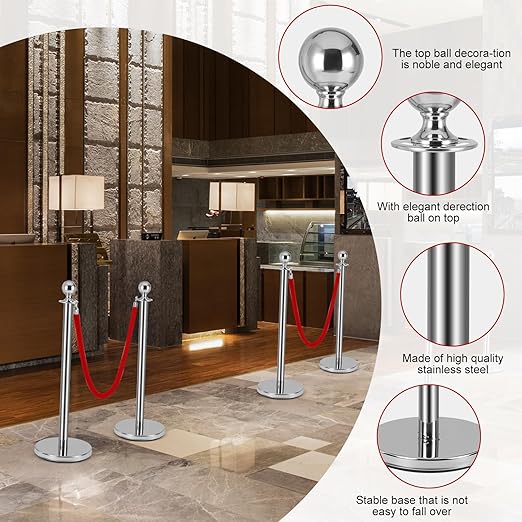 6 PCS Stainless Steel Stanchion Post,5Ft Red Velvet Rope, Hollow Base and Velvet Ropes Safety Barriers Set, Poles Crowd Control Barriers for Red Carpet Themed Decoration
