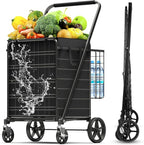 4.7 Cu Ft Folding Shopping Cart - 480 LB Capacity Grocery Cart with 360° Braked Swivel Wheels - Heavy Duty Utility Cart with Double Basket & Removable Waterproof Liner with Lid for Laundry