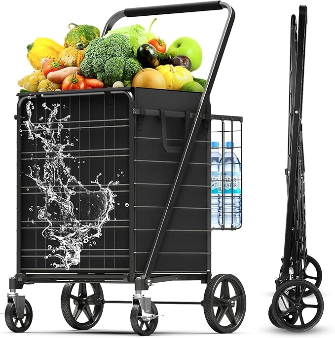 4.7 Cu Ft Folding Shopping Cart - 480 LB Capacity Grocery Cart with 360° Braked Swivel Wheels - Heavy Duty Utility Cart with Double Basket & Removable Waterproof Liner with Lid for Laundry