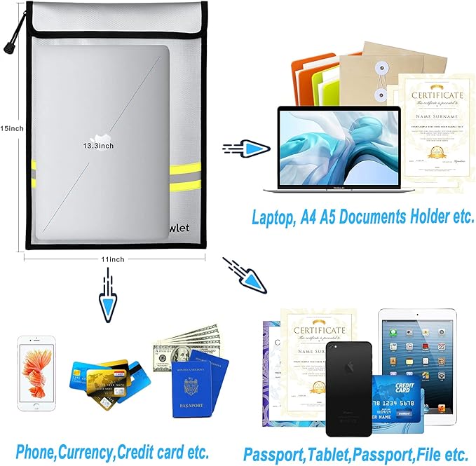 Fireproof Waterproof Money Document Bag - 15" x 11" Upgraded Zipper Bags, Fire & Water Resistant Storage Organizer Pouch for A4 A5 Documents Holder,File,Cash,Jewelry,Passport,Tablet,Laptop (Gray)