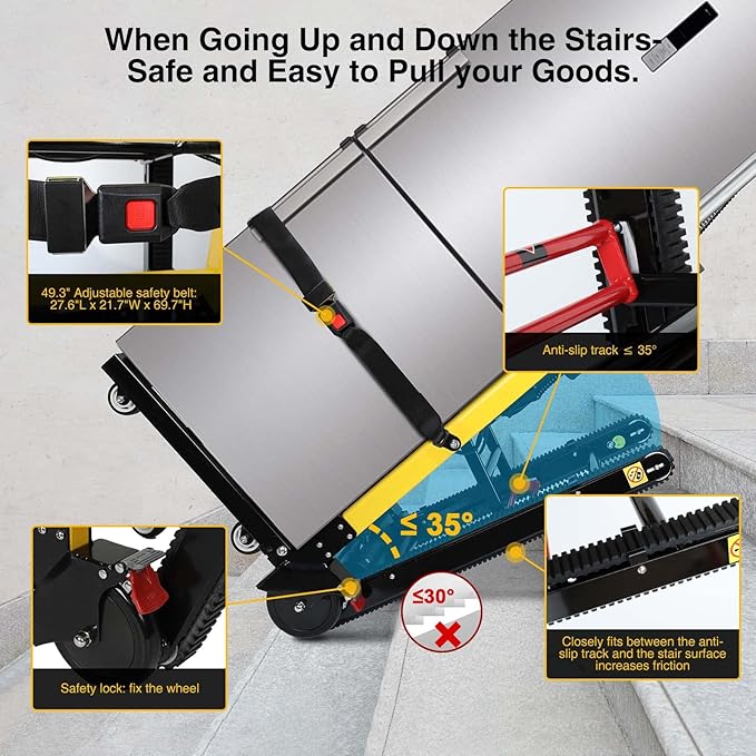 Electric Stair Climbing Dolly, Heavy Duty, Powered Stair Climber Dolly Cart with 6 Wheels Motor Powered for Furniture Logistics Warehouse, Black & Yellow, 200W