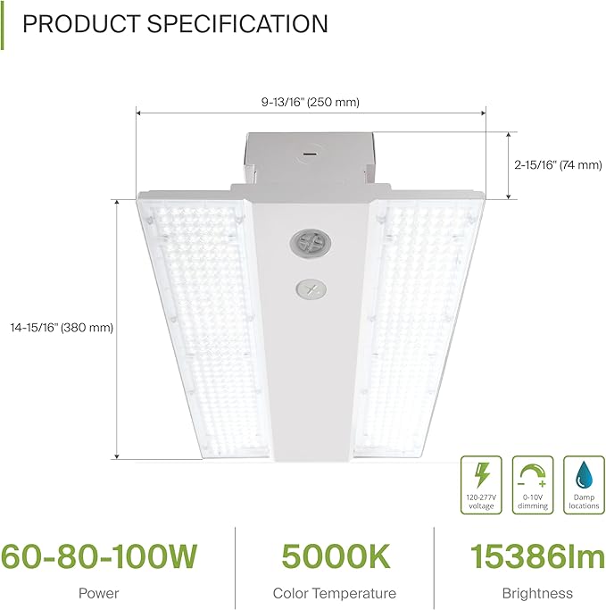 ASD LED Linear High Bay Light Fixture, Commercial Shop Lighting | Dimmable, Power Adjustable, DLC Premium, UL Listed | 100W 15000LM 5000K 100-277V | Warehouse, Garage, Workshop Lamp | White