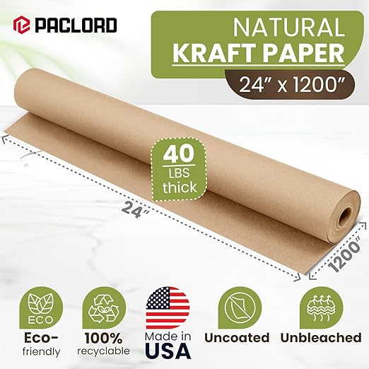 24" x 1200" (100 ft) Natural Kraft Paper Roll – USA Made Non-Toxic, Odorless, 100% Recyclable Brown Wrapping Paper for Shipping, Packaging, Crafting & Gift Wrapping