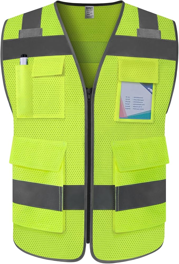 TCCFCCT Mesh Safety Vest for Men Women 5 Pockets Reflective Vest with Reinforced Zipper, High Visibility Construction Work Vest with Tabs for Walkie-talkie, Durable to Use, Meets ANSI/ISEA, Yellow, XXL