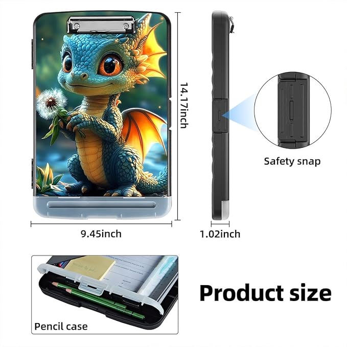 Clipboard with Storage Box & Pen Holder,Heavy Duty Clip Boards 8.5x11 for Nursing,High Capacity,School & Office Supplies,Cute Dragon Dandelion