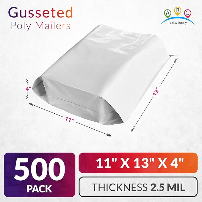 ABC PACK & SUPPLY White Gusseted Poly Mailers, 11 x 13 x 4 Inch. Pack of 500 Expansion Poly Mailers Bags. Shipping Envelopes for Clothing, 2.5 Mil. Plastic Shipping Bags Self Seal. Mailing Packages