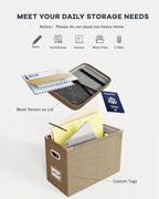 Oterri Hanging Filing File Box with Mesh Pocket, File Organizer Box with Lid, Collapsible Document Organizer Box for Letter Size, Easy Slide Durable Storage Box for Office/Decor/Home (2 PCS, Khaki)