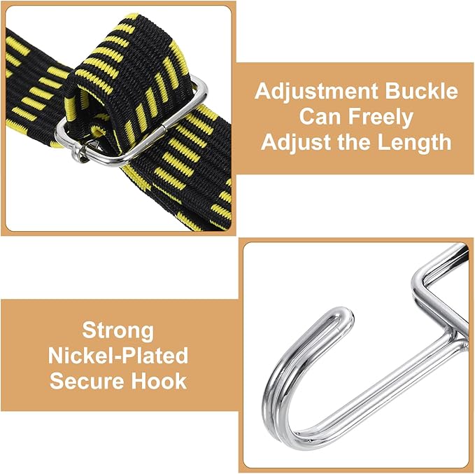 uxcell 4Pcs Adjustable Bungee Cords with Hooks, 79 Inch Flat Heavy Duty Elasticity Straps Rubber Bungee Cords with Buckle for Outdoor, Camping, Tarp, Bike Rack, Luggage, Black Yellow