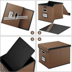 Huolewa Faux Leather File Organizer Box with Lid, Collapsible Hanging File Folder Box Organizer with Plastic Slides, Decorative Home/Office Filing System Boxes for File and Folder Storage-Brown