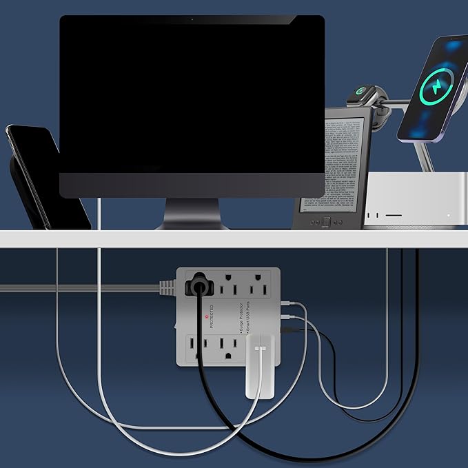 LIDER Outlet Extender with 6 Receptacles, USB-A and 2 USB-C, Ultra-Thin Flat-Plug with Cord Extender, 6-Outlet Power Strip, Slim Angled Design, Surge Protector, 1500 Joules, 5ft Cord, UL-Listed, White