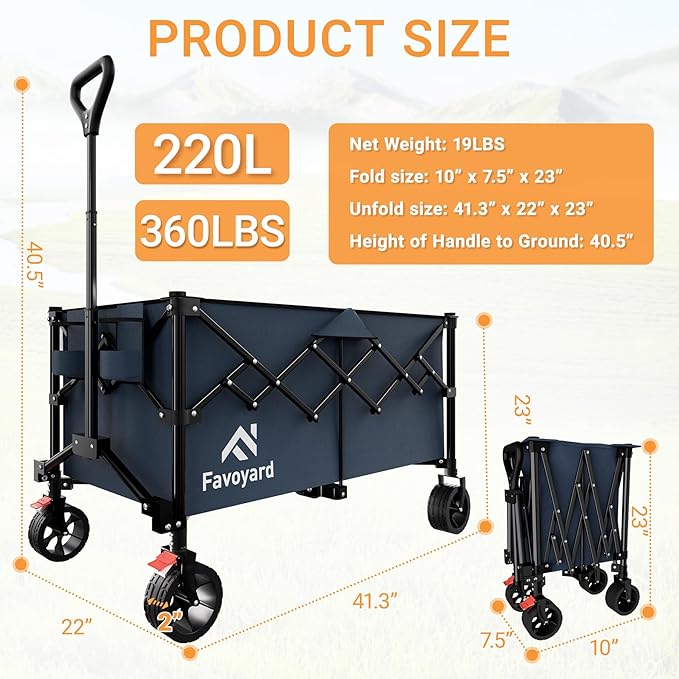 Favoyard Extra Large Collapsible Wagon Carts Foldable 360LBS Heavy Duty Beach Wagons with Big Wheels & Brakes Portable Folding Cart for Shopping Grocery Utility Sports Garden Camping Outdoor, Blue