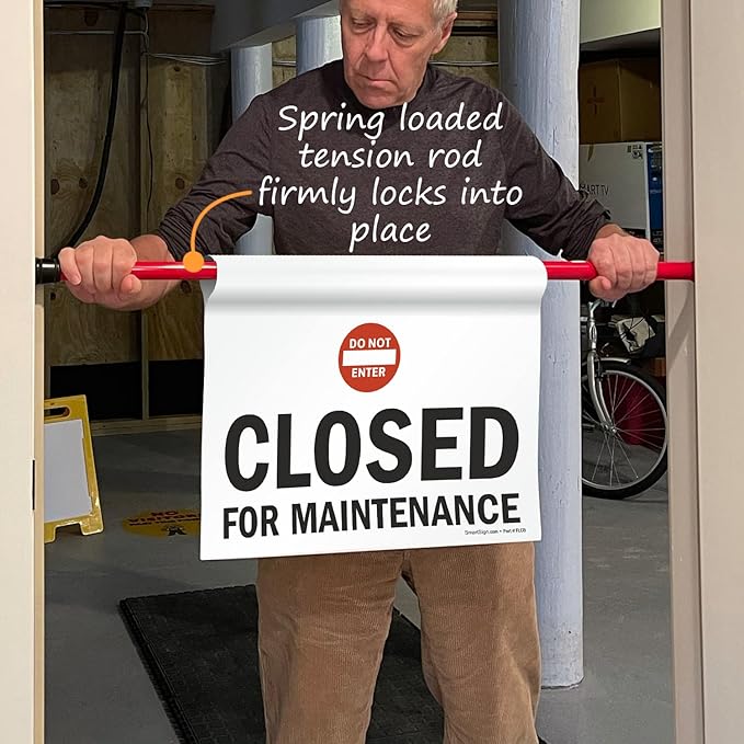 SmartSign "Closed For Maintenance" Hanging Doorway Barricade Sign with Do Not Enter Symbol, Spring-loaded Adjustable Aluminum Pole & 11.25" x 18" Vinyl Sign Kit, Black/White/Red, USA-Made
