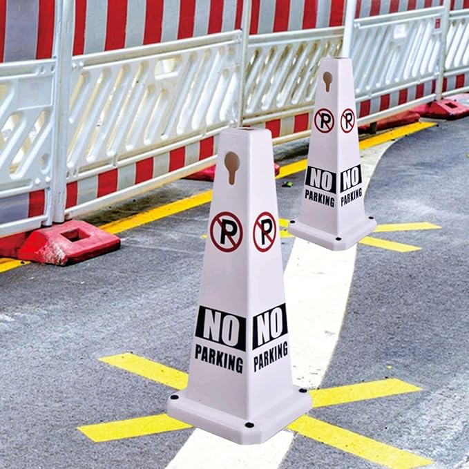 No Parking Sign, 26.4-Inch Traffic Safety Cone, White Plastic, High-Visibility, Weatherproof, Slip-Resistant Base, Stackable, Indoor Outdoor Use-8Pack