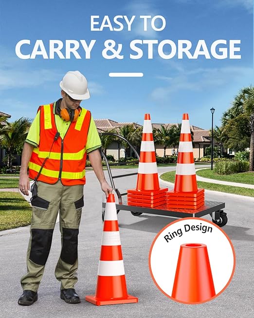 BATTIFE 12 Pack Traffic Safety Cones 36 Inches with Reflective Collars, PVC Orange Construction Cone for Traffic Control, Driveway Road Parking