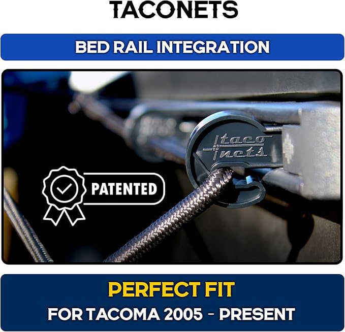 Cargo Net for Toyota Tacoma Short Bed - Fits 2005-2025 - Patented Bed Rail Integration - Heavy Duty 8mm Premium Bungee 3'x4' Cargo Netting - Designed in USA