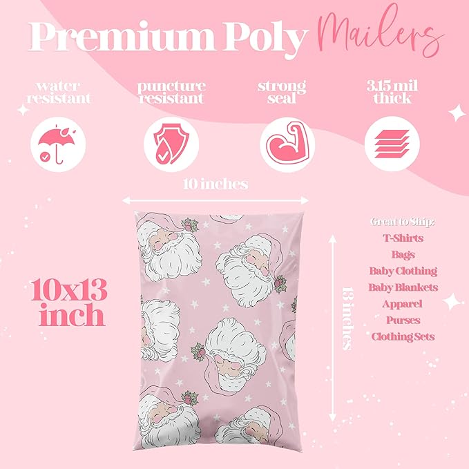 6x9 Designer Christmas Holiday Poly Mailers 100 Pack Heavy Duty Waterproof Self Seal Shipping Bags Large Mailing Envelopes Bulk Tear Resistant Cute Packaging Pink Santa