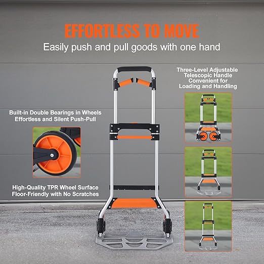 VEVOR Folding Hand Truck and Dolly, 309 Lbs Capacity, Aluminum Foldable Cart, Heavy-Duty Luggage Trolley Cart with Telescoping Handle and PP+TPR Wheels for Home, Office, Shopping, Travel