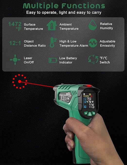 Infrared Thermometer Gun,SQECH Laser Thermometer Gun -58℉～1472℉(-50℃～800℃),Temperature Gun with Ambient Temperature/Humidity/Adjustable Emissivity/Color Backlight for Cooking, Oven,Engine,HVAC
