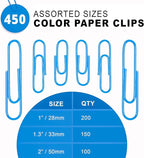 450 Blue Color Paper Clips Assorted Sizes Small, Medium and Large Paper Clips for Paperwork Ideal for Home, School and Office Use (Assorted, Blue)