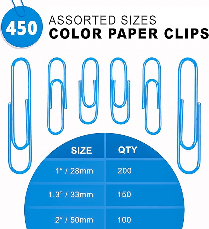 450 Blue Color Paper Clips Assorted Sizes Small, Medium and Large Paper Clips for Paperwork Ideal for Home, School and Office Use (Assorted, Blue)