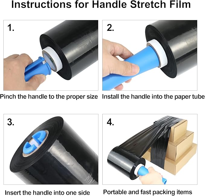 BOMEI PACK Mini Black Industrial Stretch Wrap Film 2 Pack 5" x 1000ft Roll with Handle, 80 Gauge Plastic Wrap for Moving, Pallet Wrap - Self Adhering Packaging Heavy Duty Shrink Film