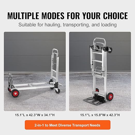 VEVOR Aluminum Folding Hand Truck, 2 in 1 Design 400 lbs Capacity, Heavy Duty Industrial Collapsible cart, Dolly Cart with Rubber Wheels for Transport and Moving in Warehouse, Supermarket, Garden