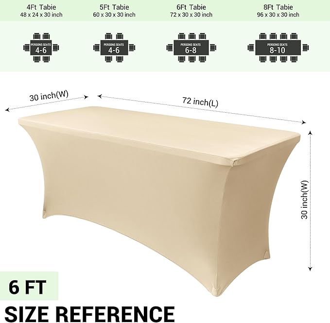 Obstal 6 Pack Stretch Spandex Table Covers for 6 Foot Tables - 6 FT Universal Rectangular Fitted Tablecloth Protector for Wedding, Banquet, Party (Champagne, 72 Length x 30 Width x 30 Height Inches)