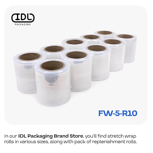 IDL Packaging 5" Stretch Wrap Mini Roll, 700 feet, 120 Gauge (Pack of 4) with a Plastic Handle Included – Industrial Grade Clear Plastic Wrap – Improved Protection for Packing, Moving, or Office
