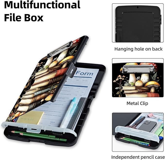 Clipboard with Storage Box & Pen Holder,Heavy Duty Clip Boards 8.5x11 for Nursing,High Capacity,School & Office Supplies,Mushroom Books