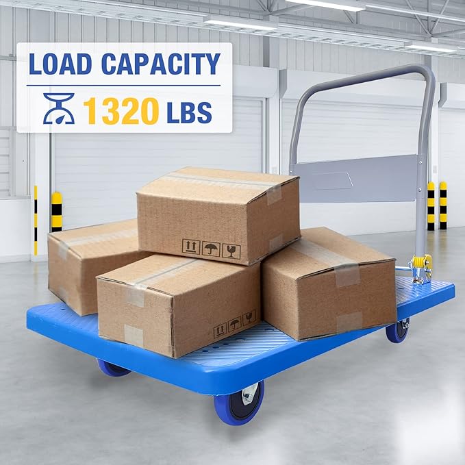 Flatbed Cart, Heavy Duty 1320lbs Capacity Platform Hand Truck 360 Degree Swivel Wheels Foldable Push Hand Cart for Loading and Storage, Blue