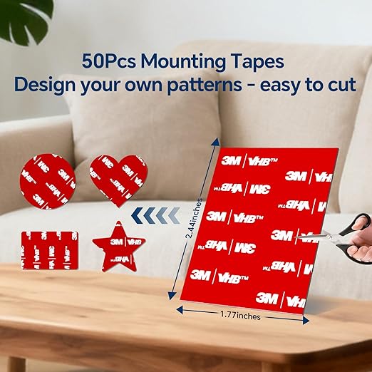 3M VHB Double Sided Tape 50Pcs, 2.44 x 1.77 Inch Heavy Duty Waterproof Mounting Tape for Walls, Car, Home, Outdoor and Office (50)
