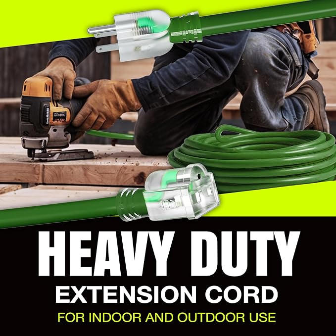 50ft Outdoor/Indoor Extension Cord 14/3 Gauge Heavy Duty 3 Prong SJTW, Waterproof, Flexible Cold-Resistant Long Power Cord,15A 125V 1875W, Green by LifeSupplyUSA