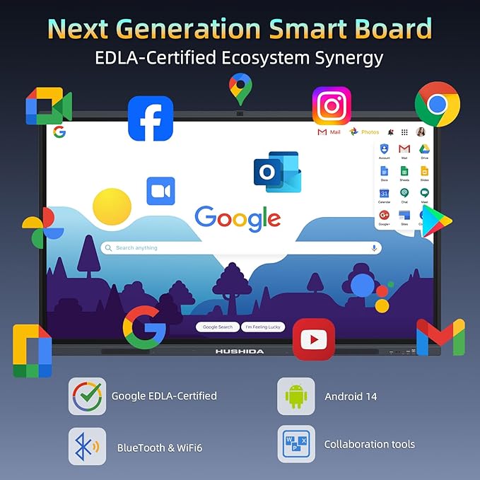 75" Smart Board Google EDLA-Certified 4K Interactive Whiteboard SmartBoard for Classroom & Office, Android 14 Touchscreen with 48MP AI Camera Win11 Pro 8G RAM+256G ROM, 40-Points, Wall Mount