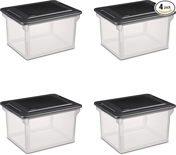 Sterilite File Box, Stackable Storage Bin with Lid, Plastic Container to Organize Taxes, Papers in the Home, Office, Clear Base with Black Lid, 4-Pack