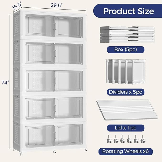 200GAL Storage Bins with Lid and Wheels, Stackable Closet Organizers and Storage Drawer, Collapsible Storages Box with Dividers, Foldable Plastic Cabinets for Room, Kitchen, 5 Pack White