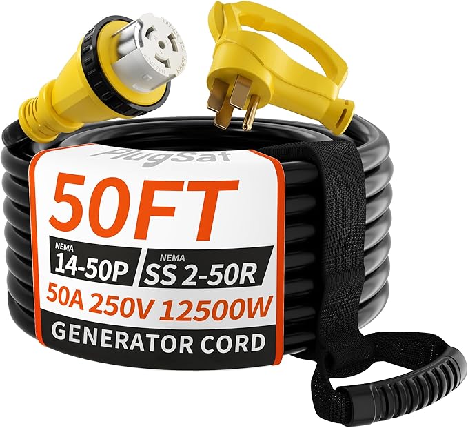 50 Amp Generator Cord, 50FT 50 Amp RV Extension Cord with Twist Lock, Generator Cable 50A 4 Prong Yellow, NEMA 14-50P/SS2-50R Heavy Duty STW Wire for RV Camper & House