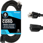 13 Amp Outdoor Extension Cord 6 ft, 16/3 SJTW 6 Foot Black Extension Cord 3 Prong, Weatherproof Exterior Power Cable for Outside Lights & Lawn, UL Certified - US Veteran Owned