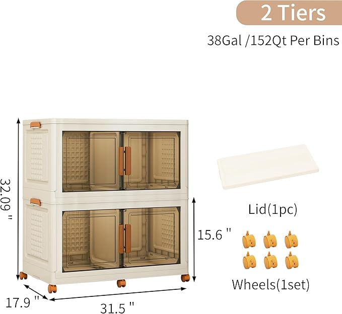 Plastic Stackable Storage Bins with Lids and Wheels, 3040QT-152QT*2Tier Foldable Closet Organizers and Containers, Collapsible Clear Drawer Storage Cabinet with Doors Ivory White