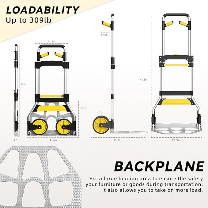 Aluminum Folding Hand Truck 309lb Capacity - Collapsible Dolly Cart with 47.3" Adjustable Handle, TPR Wheels & Portable Hand Truck Design, 11lbs Lightweight Storage Solution (No Assembly)