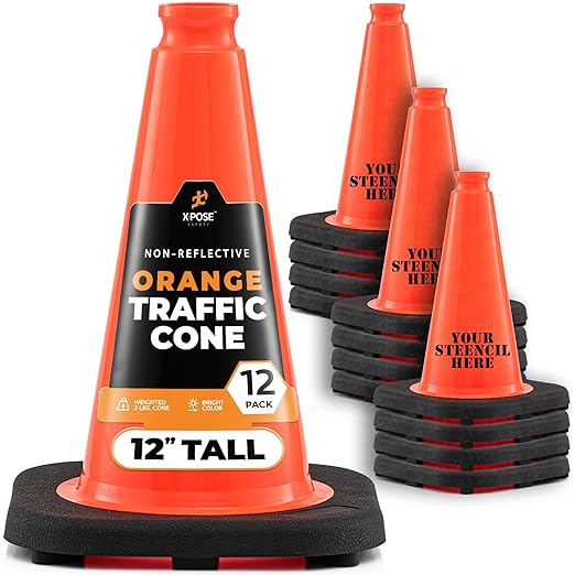 Xpose Safety 12 Inch Orange Traffic Cones, 12-Pack - Multipurpose PVC Plastic Safety Cone for Parking, Soccer, Caution, Kids and Construction - DOT Approved