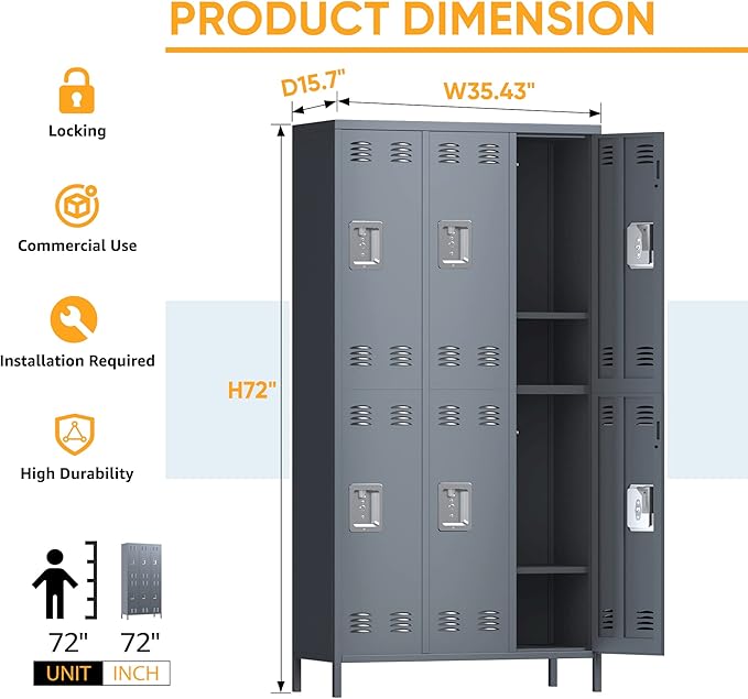 Employees Locker, 72" inch Tall Metal Storage Locker with 6 Doors for School Hospital Garage Gym Home Office with 12 Hooks, Requires Assembly(Light Gray)