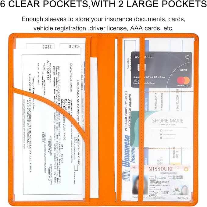 Premium Car Registration & Insurance Card Holder with Magnetic Shut, Vehicle Glove Box Car Organizer - For Documents, Cards, License (Orange)