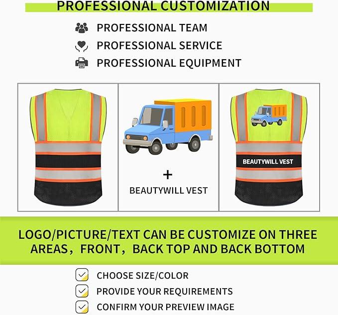 BeautyWill Custom Logo Safety Vest Class2 High Visibility Reflective Vest Breathable Construction Vest