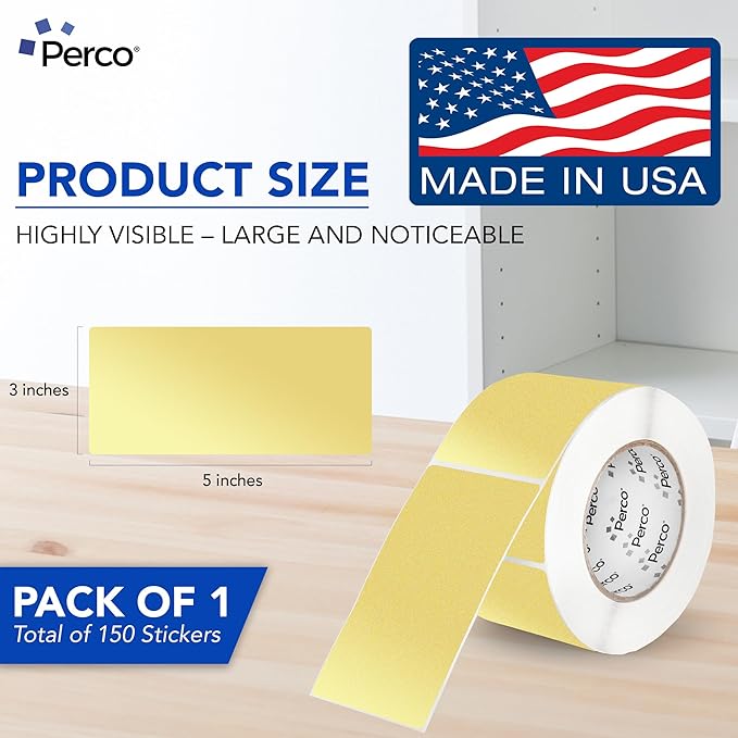 Perco Metallic Gold 3x5 Inch Perforated Sticker Labels — 150 Stickers Per Roll — with Permanent Adhesive for Product Labeling, Gift Boxes, Event Signage, Decorative Packaging & More — Made in USA